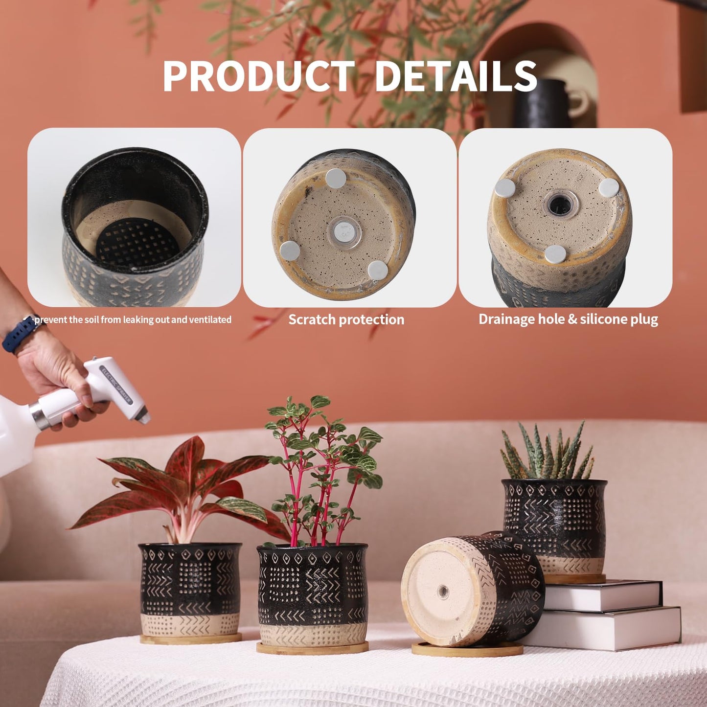 BABALIU 5.5 Inch Ceramic Plant Pots with Drainage Holes and Trays, Creative Retro Totem Planter Pot with Bamboo Saucers for Indoor Flowers, Succulent, Snake Plants, Cactus & Herbs, Black, Set of 4