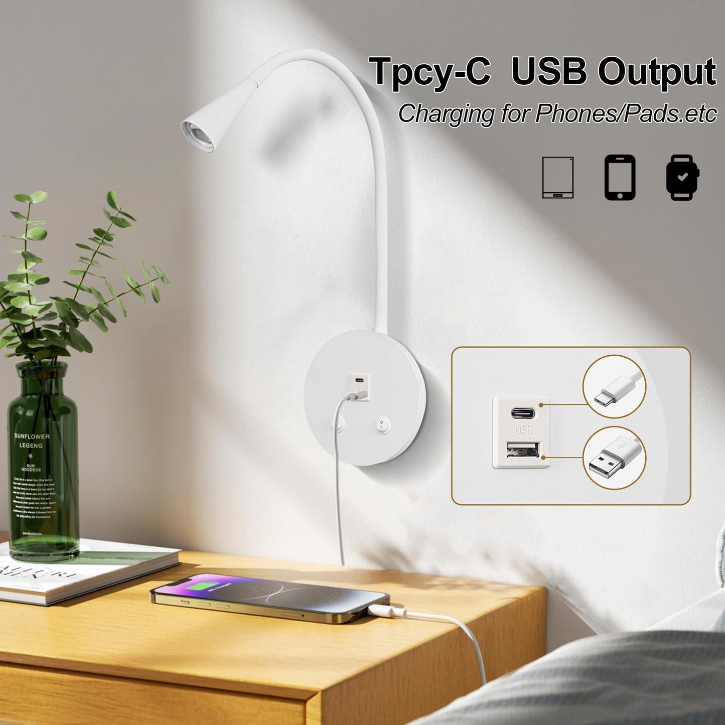 MOLUOLA LIGHTING Dimmable LED Wall Reading Lamp - Adjustable Gooseneck Book Light for Bed, USB + Type C Output, 2-in-1 Night Light & Spotlight, Compact Focused Lamp (White)