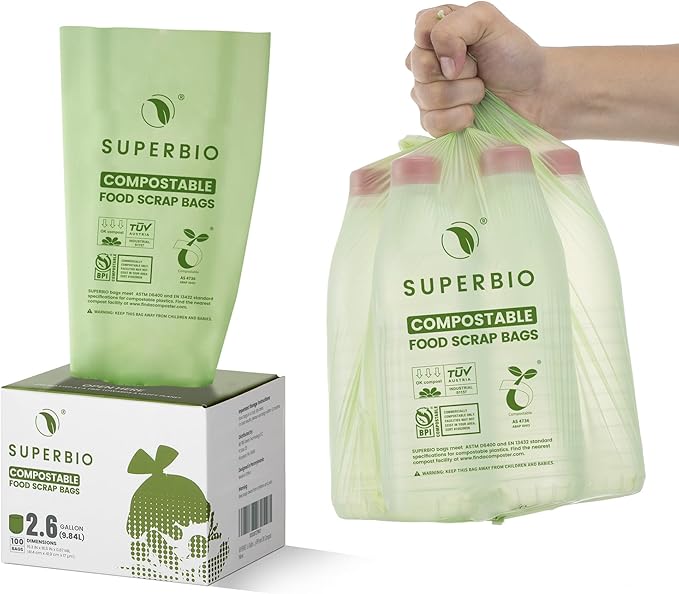 SUPERBIO 2.6 Gallon Compostable Food Waste Bags, 1 Pack, Flat Top Food Scrap