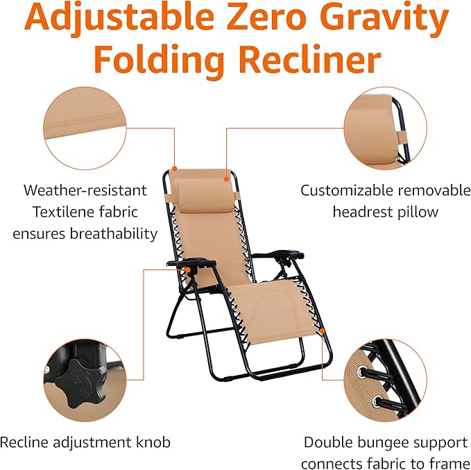 Amazon Basics Outdoor Patio Zero Gravity Folding Reclining Lounge Chair with Padded Headrest Pillow, Adjustable Lawn Chair for Outside, Weather-resistant Textilene, 26", Beige