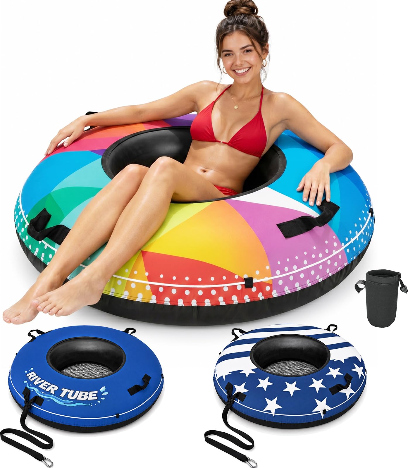 ZEALFEEL River Tube, 48'' Heavy Duty Rubber River Float Tube with Commercial Grade Inner Tube, Premium Canvas Cover, Removable Cup Holder & Tow Strap, Inflatable Tube for Adults Lake Pool Floating