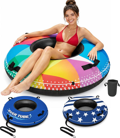 ZEALFEEL River Tube, 48'' Heavy Duty Rubber River Float Tube with Commercial Grade Inner Tube, Premium Canvas Cover, Removable Cup Holder & Tow Strap, Inflatable Tube for Adults Lake Pool Floating