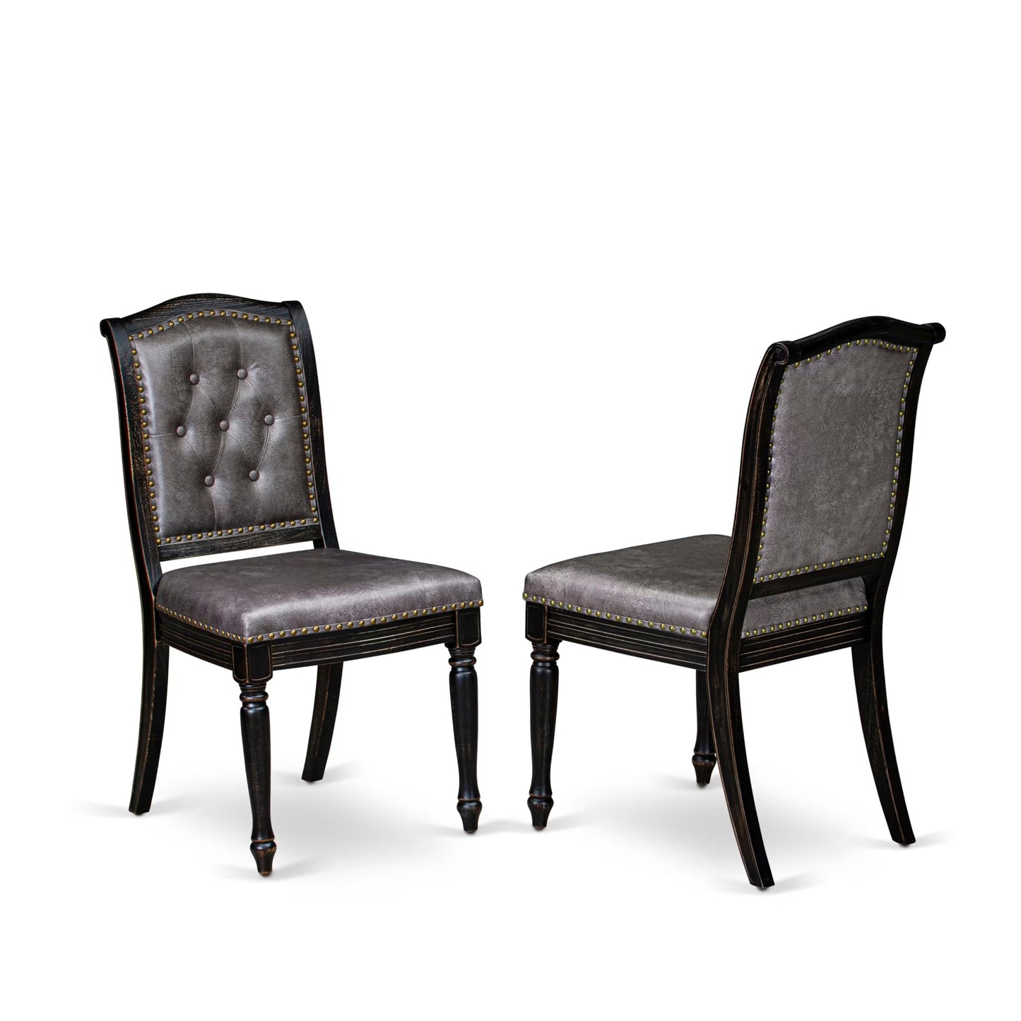 Luxe by East West Furniture I7MA7-511-34 7-Piece Kitchen Table Set with Polyester 6 Dark Gray Kitchen Chairs, Button Tufted Back, and A Round Dining Table in Sand Blasting Black Finish.