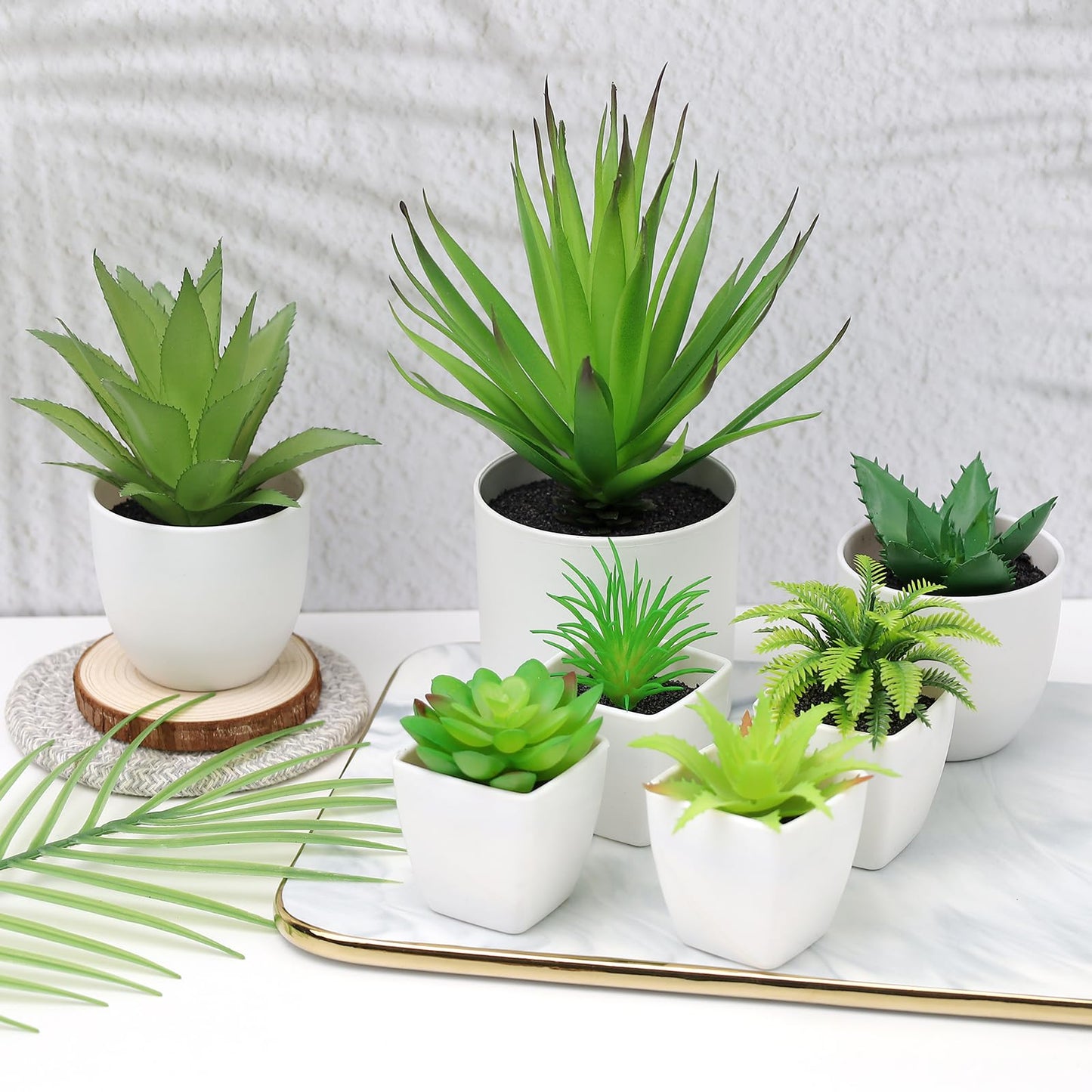 Quancru 7 Pack Small Fake Plants Artificial Succulent Plants in White Pots Artificial Greenery for Room Home Bathroom Bedroom Office Modern Decor