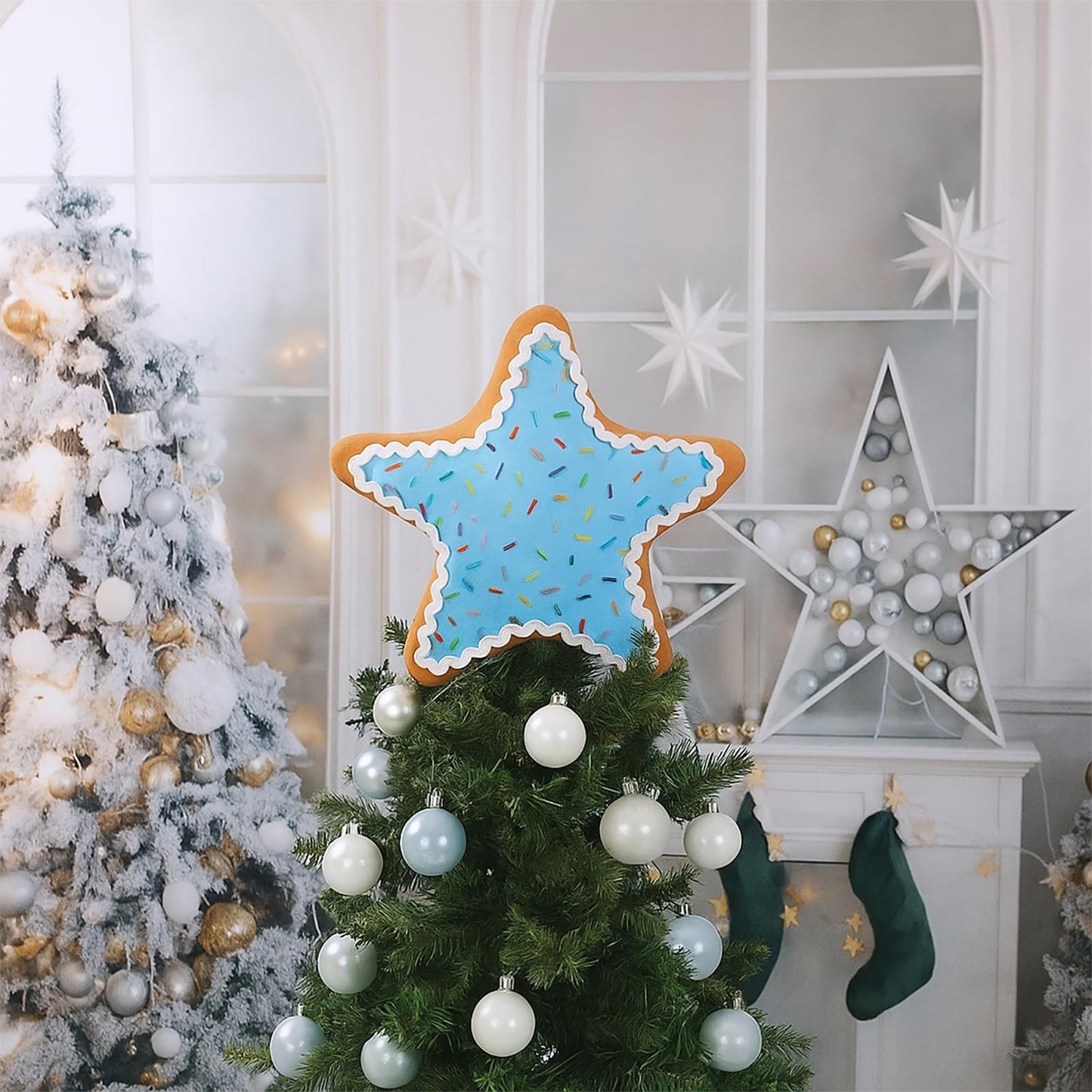 Seematn 10 Inch Christmas Candy Treetop Plush Stuffed Pastel Star Tree Topper Frosting Christmas Treetop Ornament for Xmas New Year Winter Holiday Party Decor Home