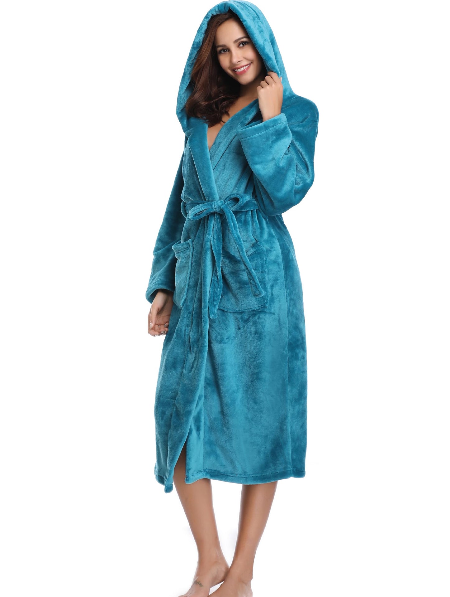 Vlazom Dressing Gown, Flannel Soft Bathrobe Cosy Robes Fluffy Winter Hooded Housecoat for Women/Men, Peacock Blue-with Hooded, 43813