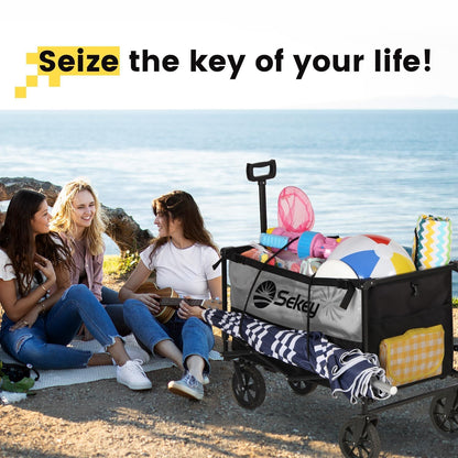 Sekey Folding Festival Trolley with 330LBS Large Capacity, Heavy Duty Camping Beach Wagon, Removable All-terrain Wheels, Collapsible Cart with Adjustable Handle & Drink Holders, Black&Grey