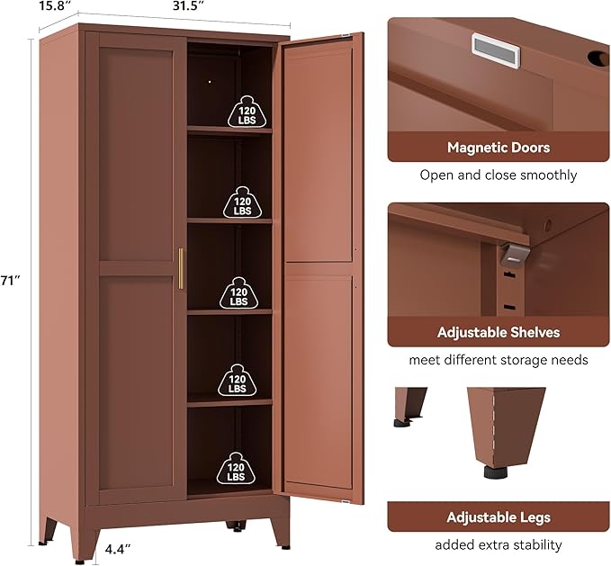 YAUWOH 71''Metal Cabinet with 4 Adjustable Shelves, 5-Tier Pantry Storage