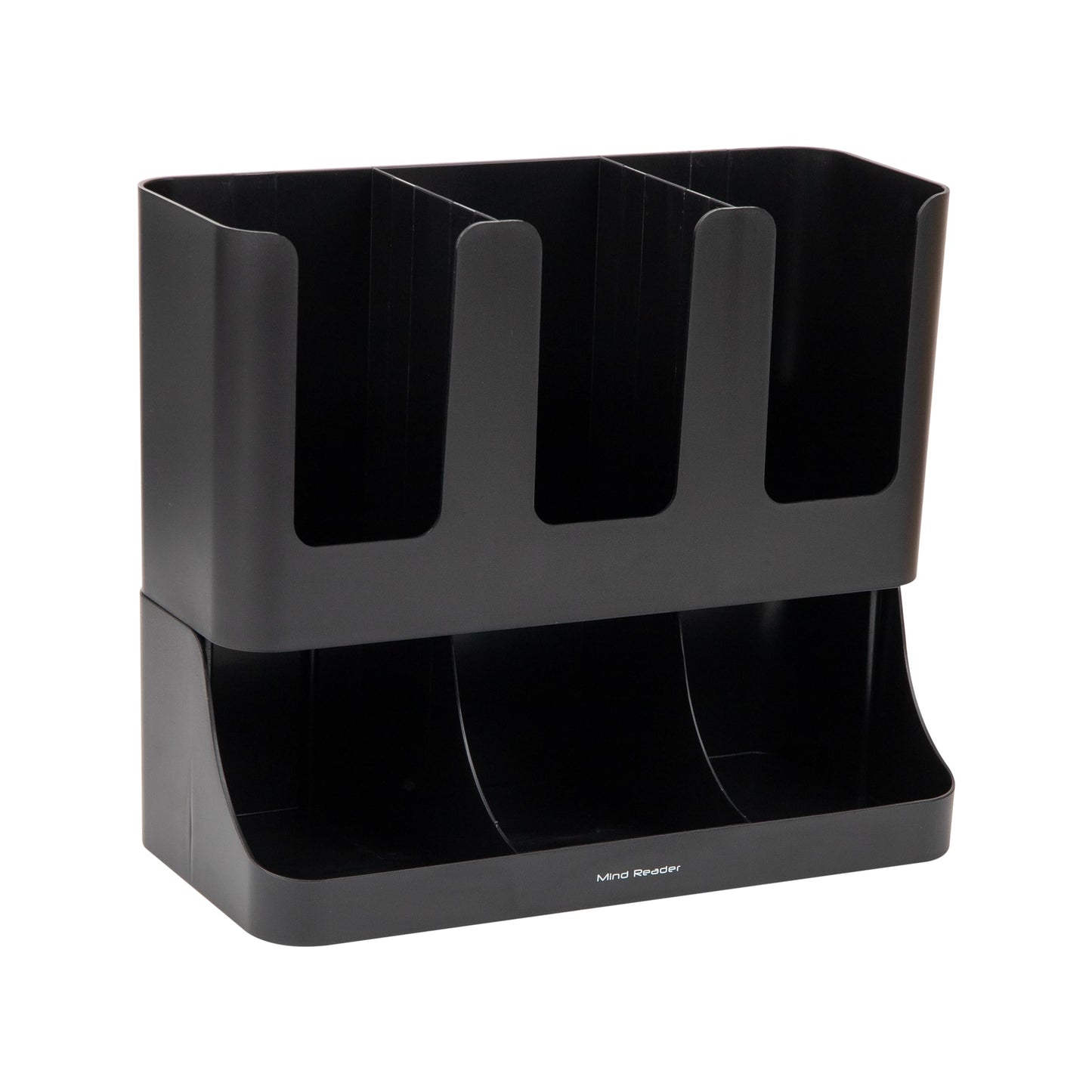 Mind Reader Condiment Station, 13 Inch Countertop Coffee Bar Organizer with 6 Compartments, Storage Caddy for Cups, Lids and Packets, Plastic, Black