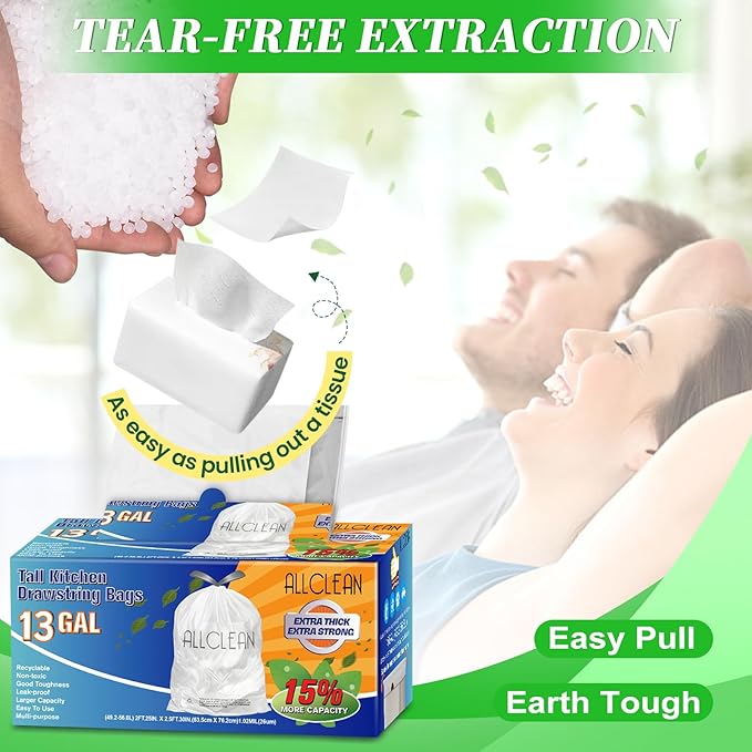 Trash Bags 13 Gallon Tall Kitchen Drawstring Garbage Bags, Fit 13 Gal Bins