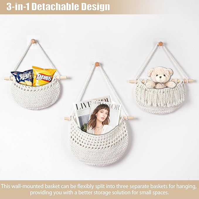 3 Tier Hanging Fruit Baskets for Kitchen, Boho Cotton Rope Handwoven Vegetable