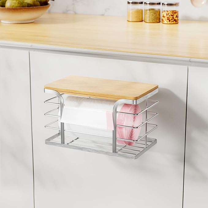 Trash Bag Holder with Bamboo Top, Wall Mount 304 Stainless Steel Garbage Bag