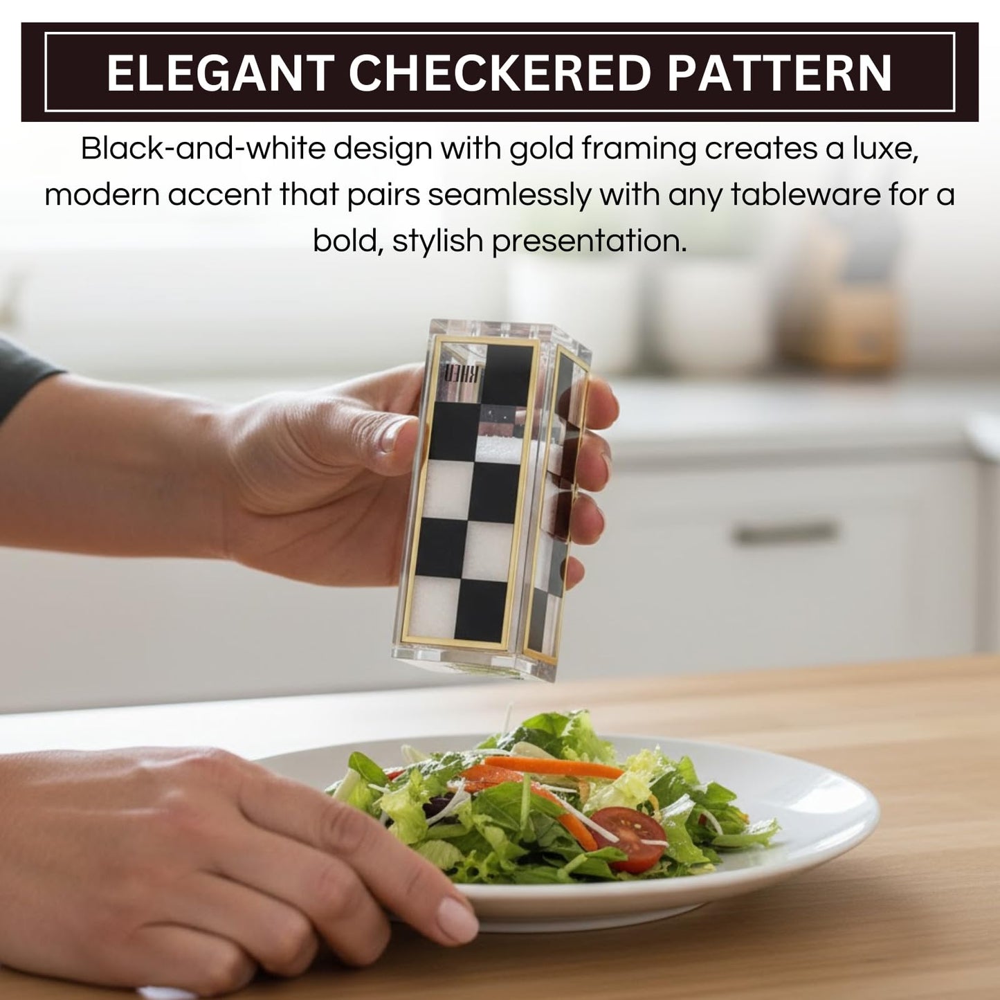 Black and White Checkered Salt and Pepper Shakers Set - Luxurious Lucite Acrylic Square Design - Modern 2.4" x 3.5" Refillable Dispensers - Elegant Kitchen Decor, Dining Table Unique Housewarming Gift