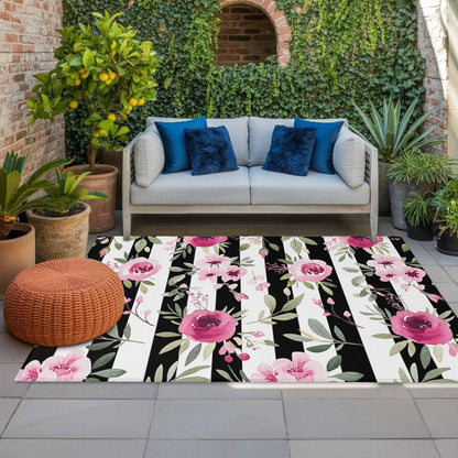 Outdoor Patio Rugs Pink Flowers Illustration Outdoor Area Rug Black and White Stripe Non-Slip Backyard/Camping RV Rug/Deck/Porch Rug Front Door Floor Mat Carpet,5x8ft,