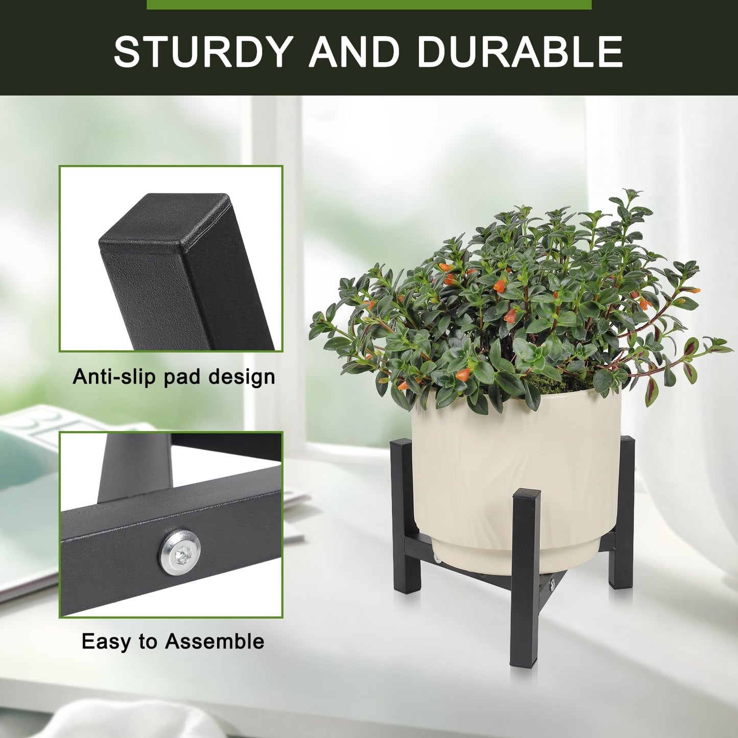 Vigordream Metal Plant Stand, Adjustable Heavy Duty Sturdy Plant Holder for Indoor Outdoor Use, 2 Height Displays Single Plant Pot Stands (Black, Fit 8-10inch pots)