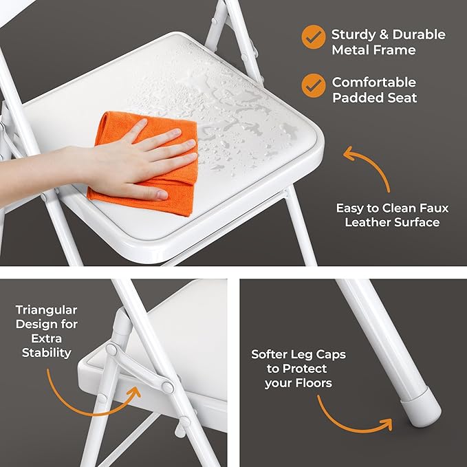 8 Pack Leather Chair | Foldable & Stackable | 350 lbs Capacity Steel Frame Seats for Indoor or Outdoor | Commercial Use Events Wedding Party Events Bulk Picnic Kitchen Dining - White