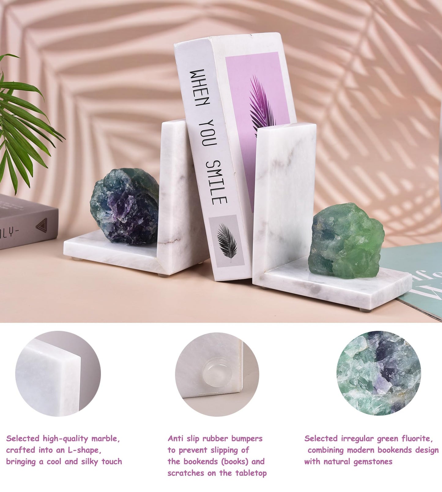 AMOYSTONE Marble & Fluorite Bookends - Heavy Duty L-Shape Book Stopper, Non-Slip, Decorative Crystal Bookends for Home Office Decor(1 Pair, 4-6 lbs)