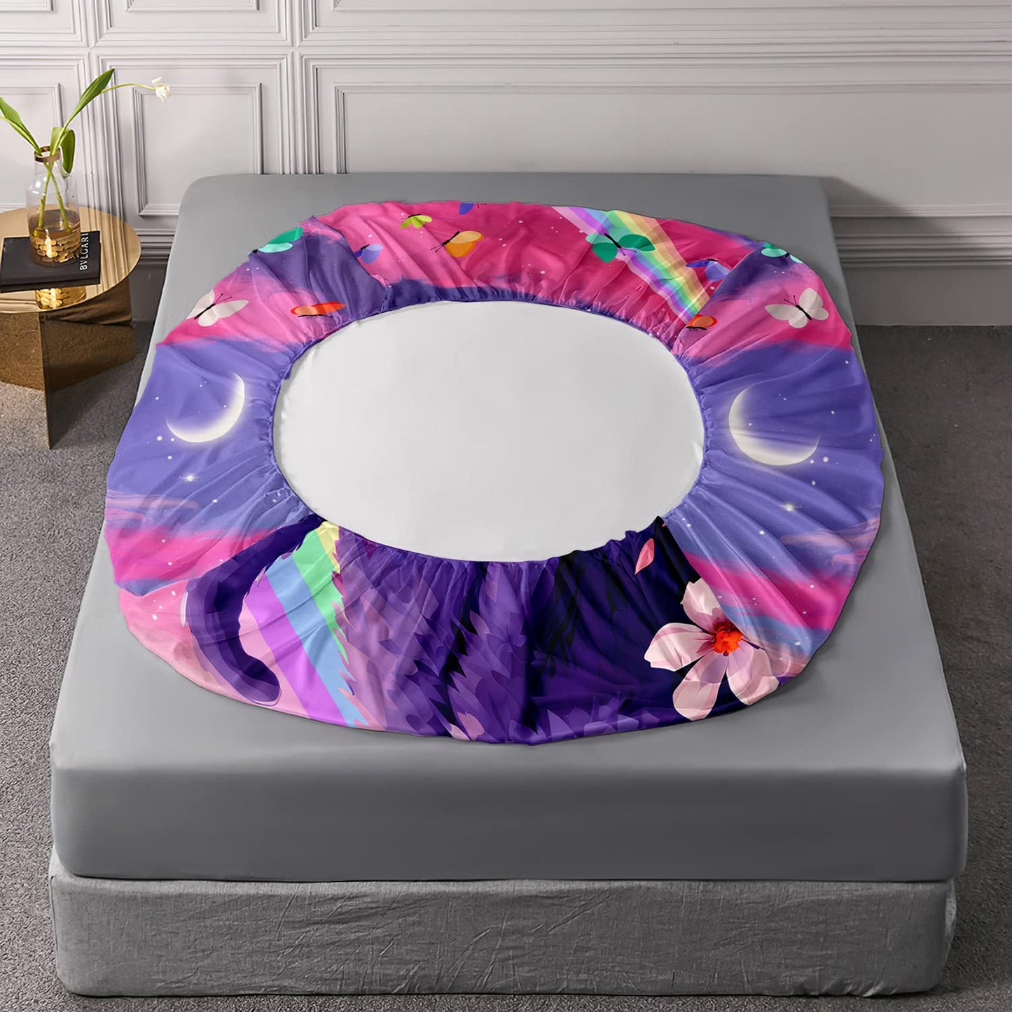 HOSIMA Cat Fitted Sheet Queen Size Rainbow Bedding Set,Kawaii Toddler Sets for Girls Teens Room Decor Aesthetic,Floral Set with 2 Pillowcases, Violet, Queen 60''x80''