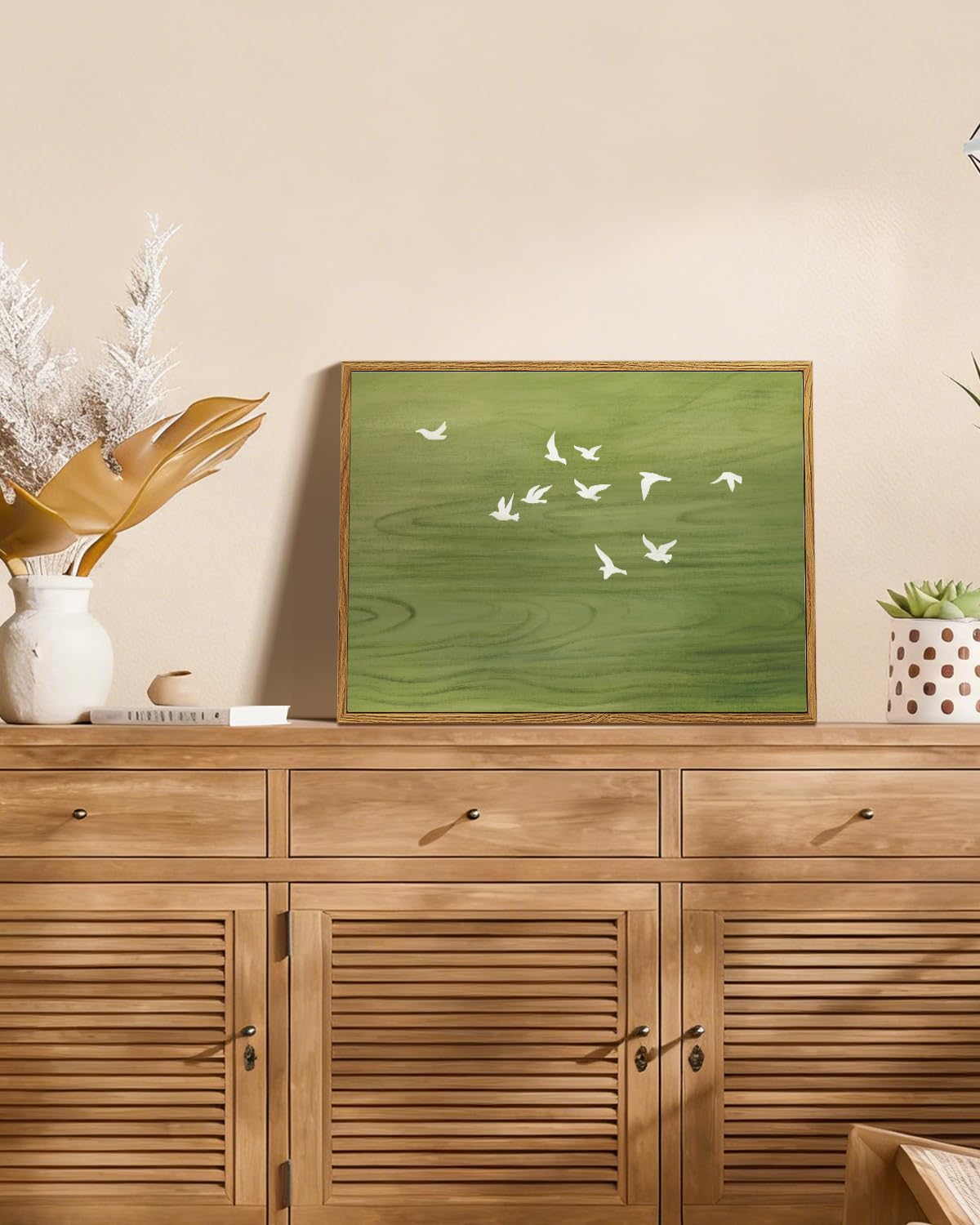 Peaceful Landscape 12x16 Zen Framed Canvas Wall Art, Abstract Minimalist Green Nature Print with Flying White Birds Painting, Modern Bedroom Office Home Farmhouse Calming Spaces Decor