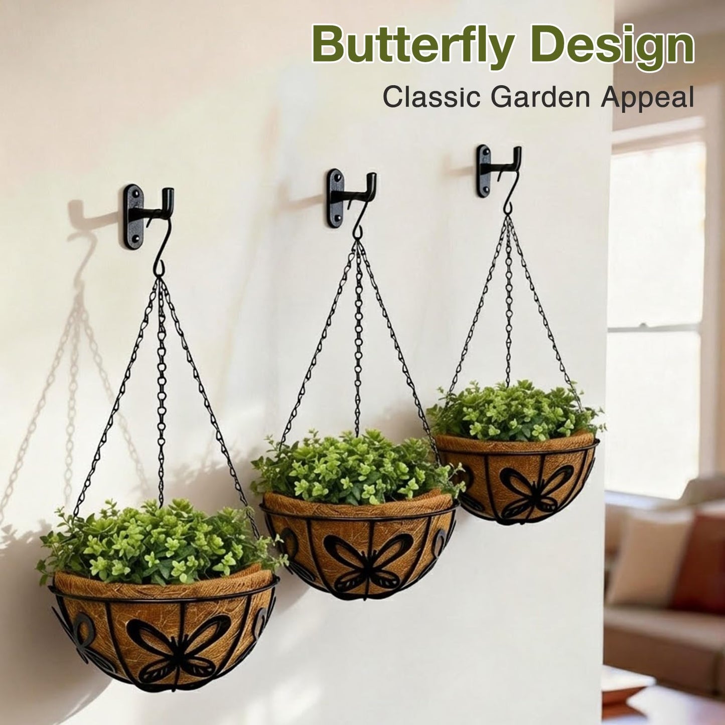 CRAYZA 14 Inch Hanging Baskets for Plants Outdoor, 3 Pack Metal Wire Hanging Planters with Coco Coir Liners, Rust-Resistant Flower Basket with Chains & Hooks for Garden Patio Porch Deck Balcony