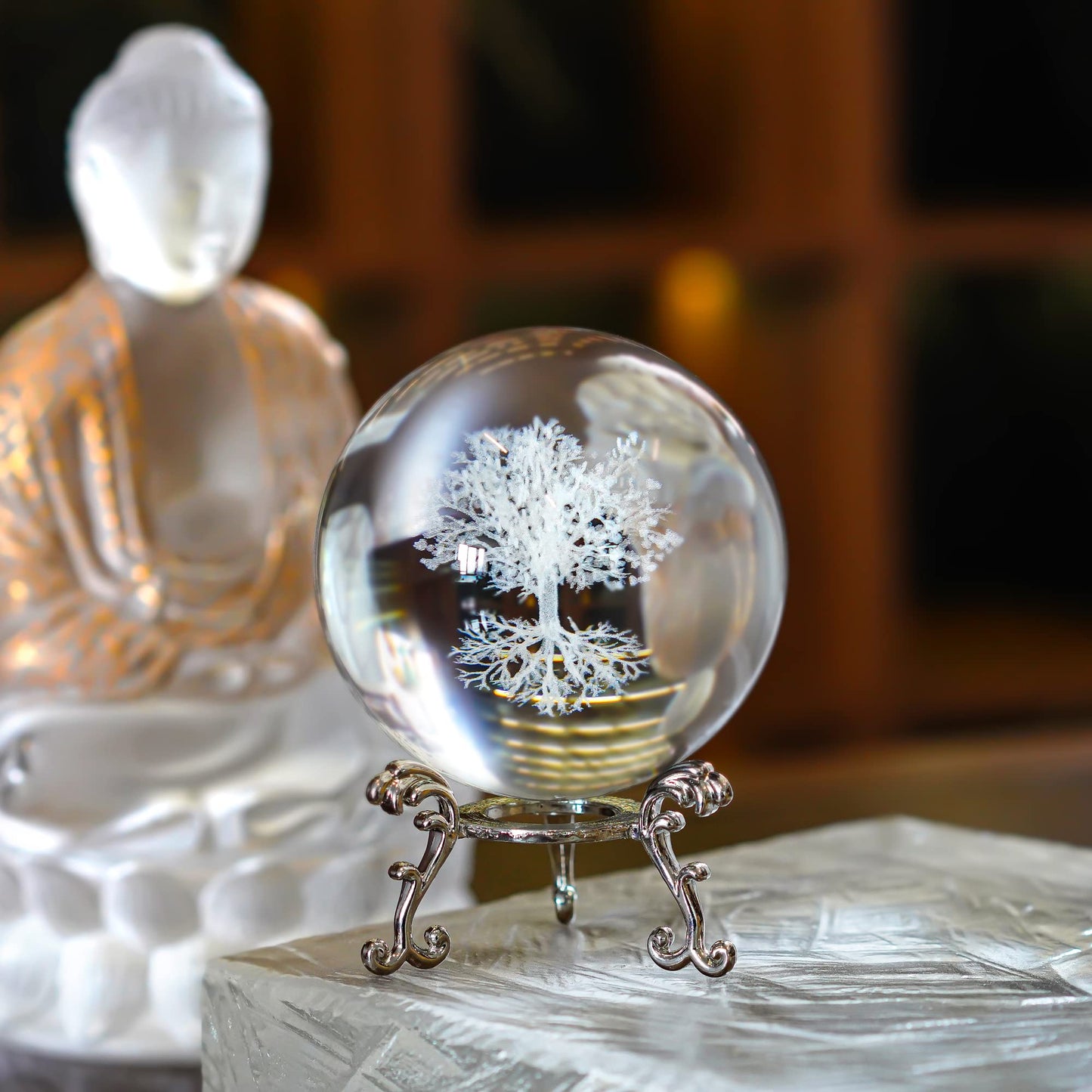 H&D Hyaline & Dora 70mm Tree of Life Clear Crystal Ball with Stand, K9 Glass Decorative Crystal Ball, 3D Laser Fengshui Home Decoration