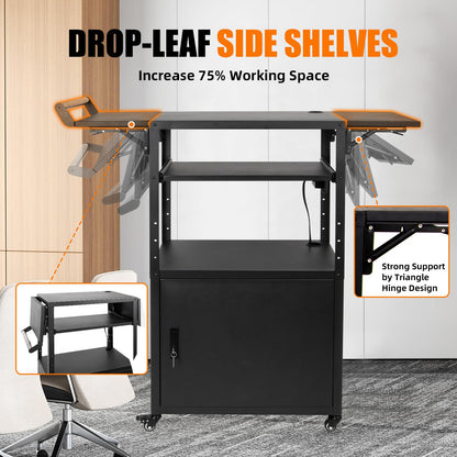 Large Mobile AV Cart with Locking Cabinet and Drop Leaves, Height Adjustable Steel AV Cart with Wheels and Power, Rolling Computer Cart with Pullout Keyboard Tray for Office, Warehouse&Classroom