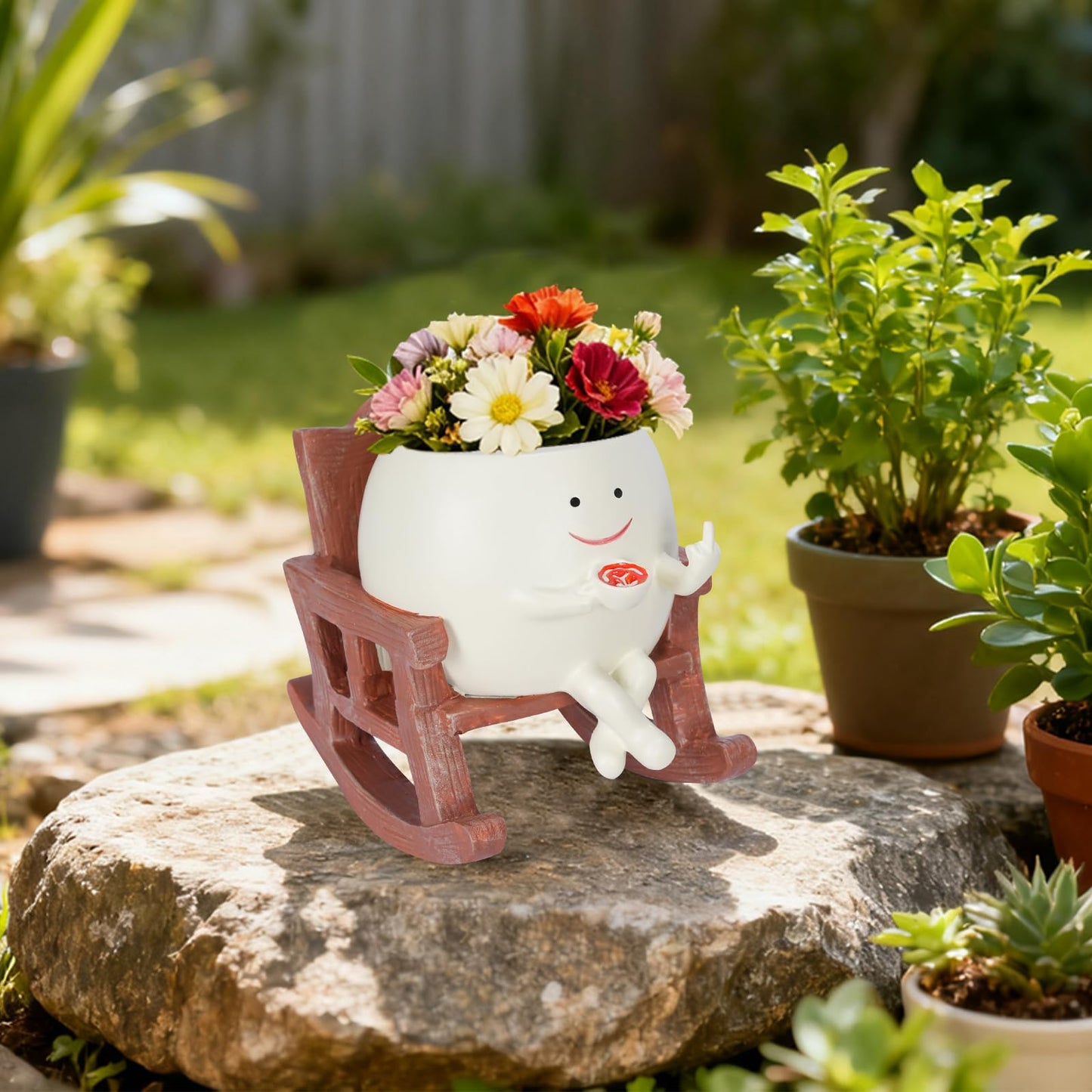 Heakrit Smiley Face Plant Pots, Cute Resin planters for Indoor Outdoor, Unique Rocking Chair Succulent Pots with Drainage Hole, Gift IdeaI for Family and Friends, Brown