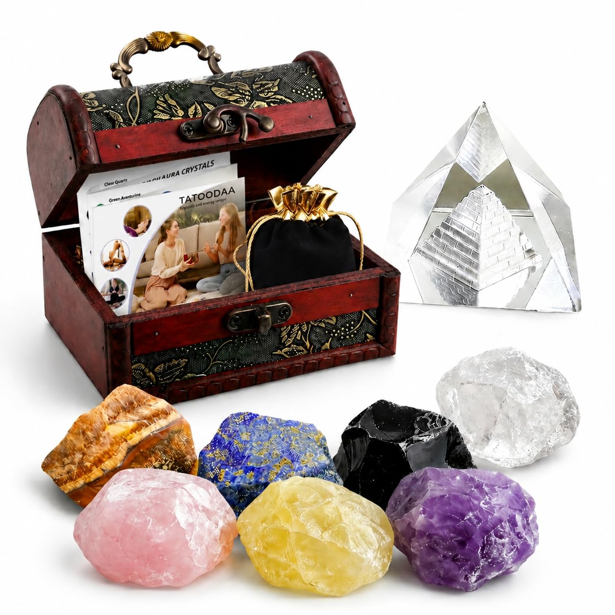 Crystals and Healing Stones, 9 Pcs Healing Crystals Set, 7 Chakra Crystal Stones Set Real Natural Selenite Pyramid Reiki Raw Rock Energy Protection Meditation with Wooden Box, Crystal Gifts for Women