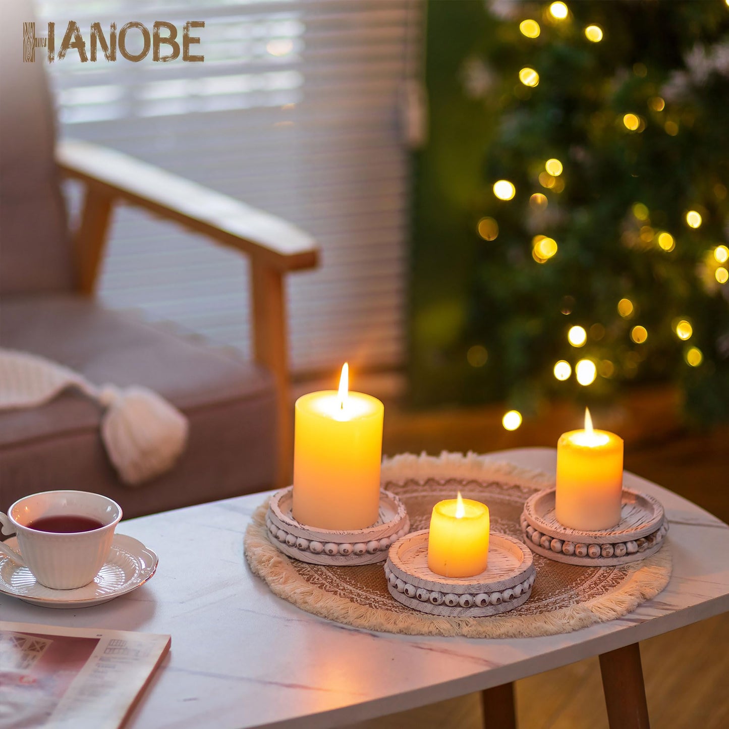 Hanobe Candle Holder for Pillar Candles: Set of 3 Rustic Farmhouse Wooden Candlestick Holders - Whitewashed Candle Stand for Table Centerpieces Fireplace Mantel Home Decor