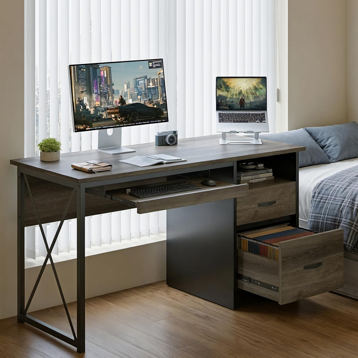 Bestier Office Desk with Drawers, 55 inch Industrial Computer Desk with Storage, Wood Teacher Desk with Keyboard Tray & File Drawer for Home Office, Dark Gray Oak