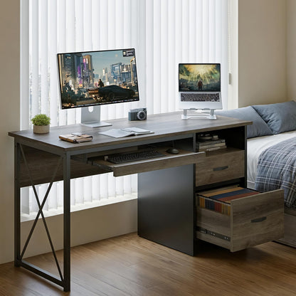 Bestier Office Desk with Drawers, 55 inch Industrial Computer Desk with Storage, Wood Teacher Desk with Keyboard Tray & File Drawer for Home Office, Dark Gray Oak
