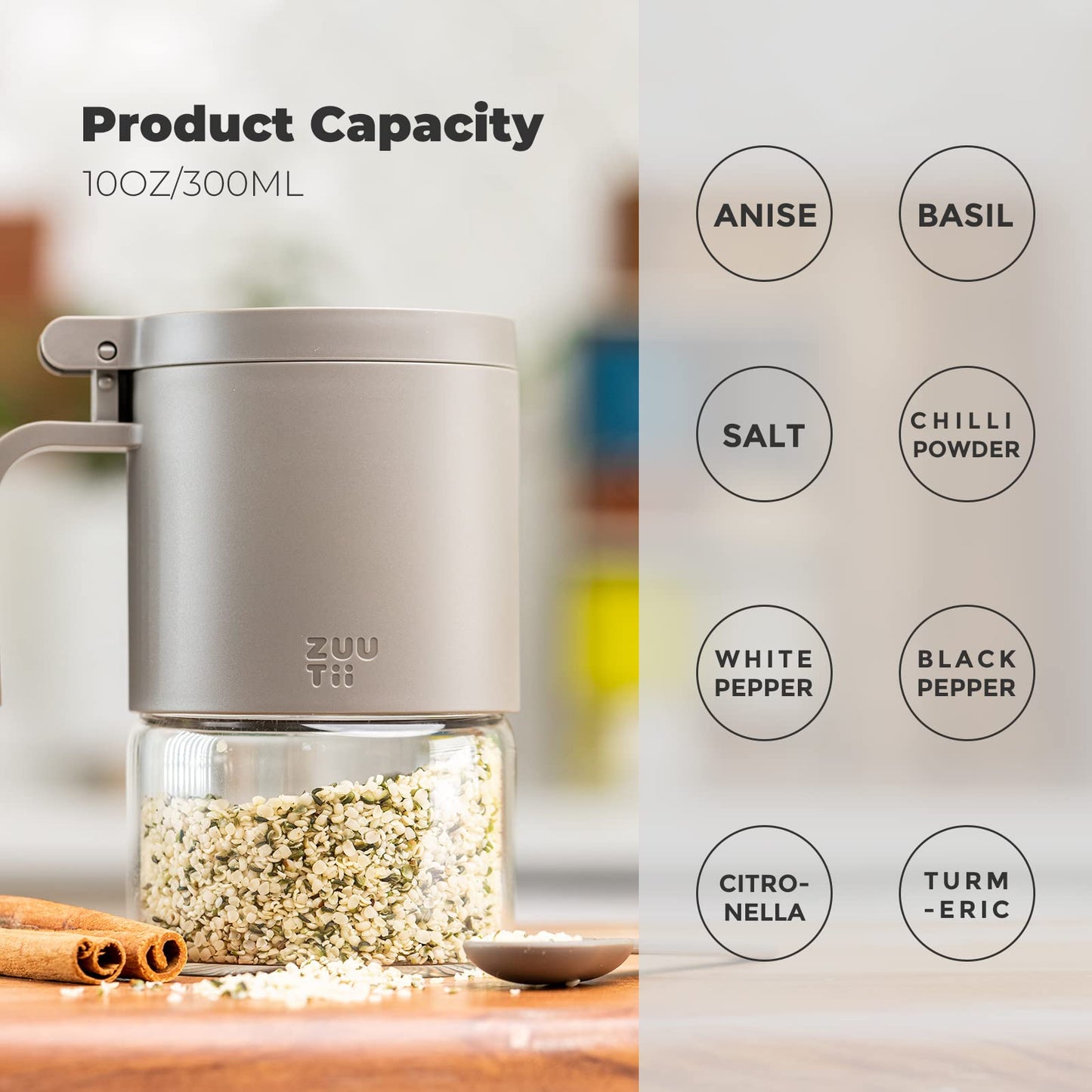 Zuutii Glass Spice Jars Moisture-Proof Spice Containers with Spoons, Set of 2 10oz/300ml Spice Bottles, Mini Seasoning Storage Jars with Flapper Caps for Salt, Sugar, Peppers, Chili in Kitchen Grey
