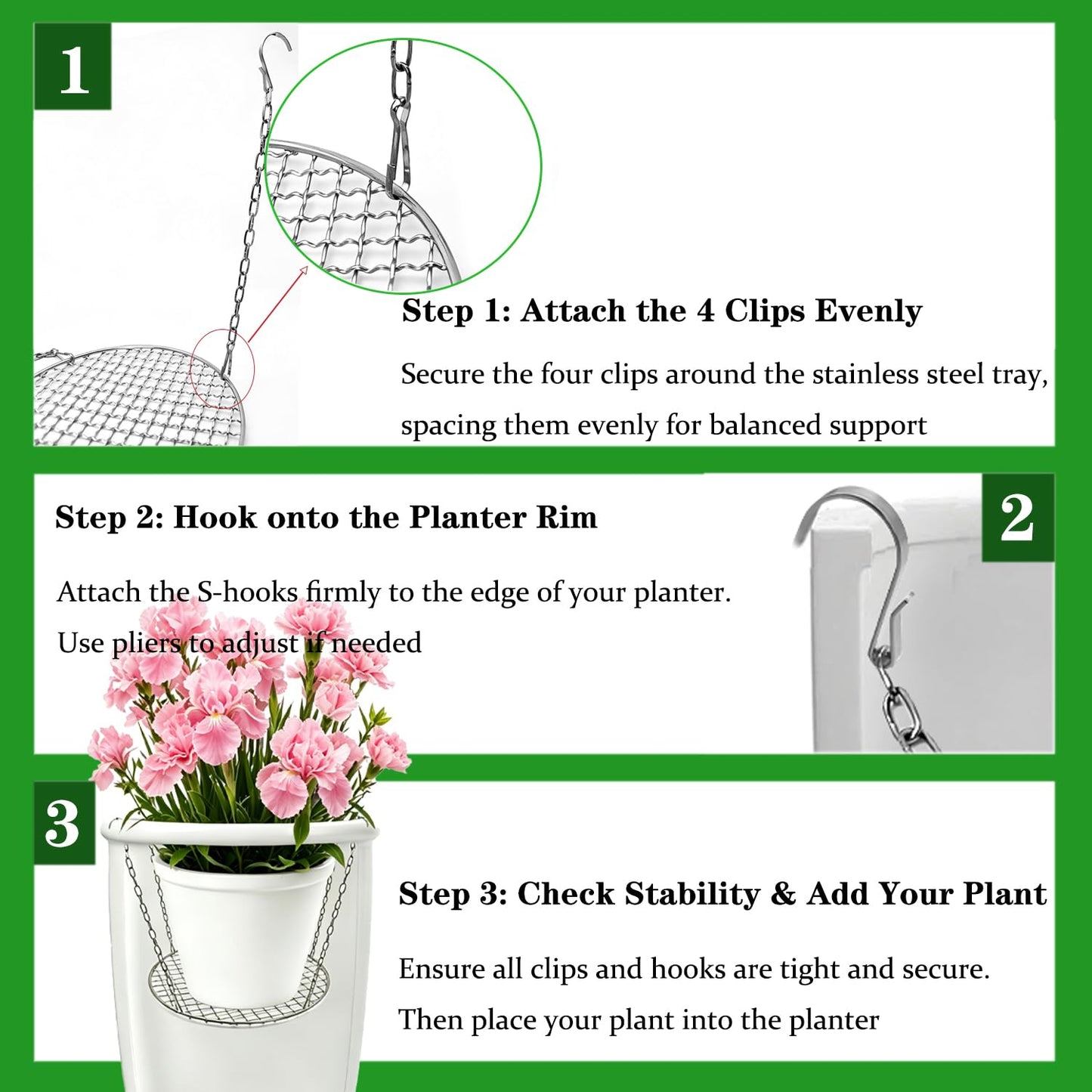 CHENGLAI Stainless Steel Adjustable Height Planter Insert for Large Pots, 4 Hooks with Chains Plant Riser for Inside Pots, Fits Flower Pot Opening 12-18" Wide, Indoor Outdoor Use