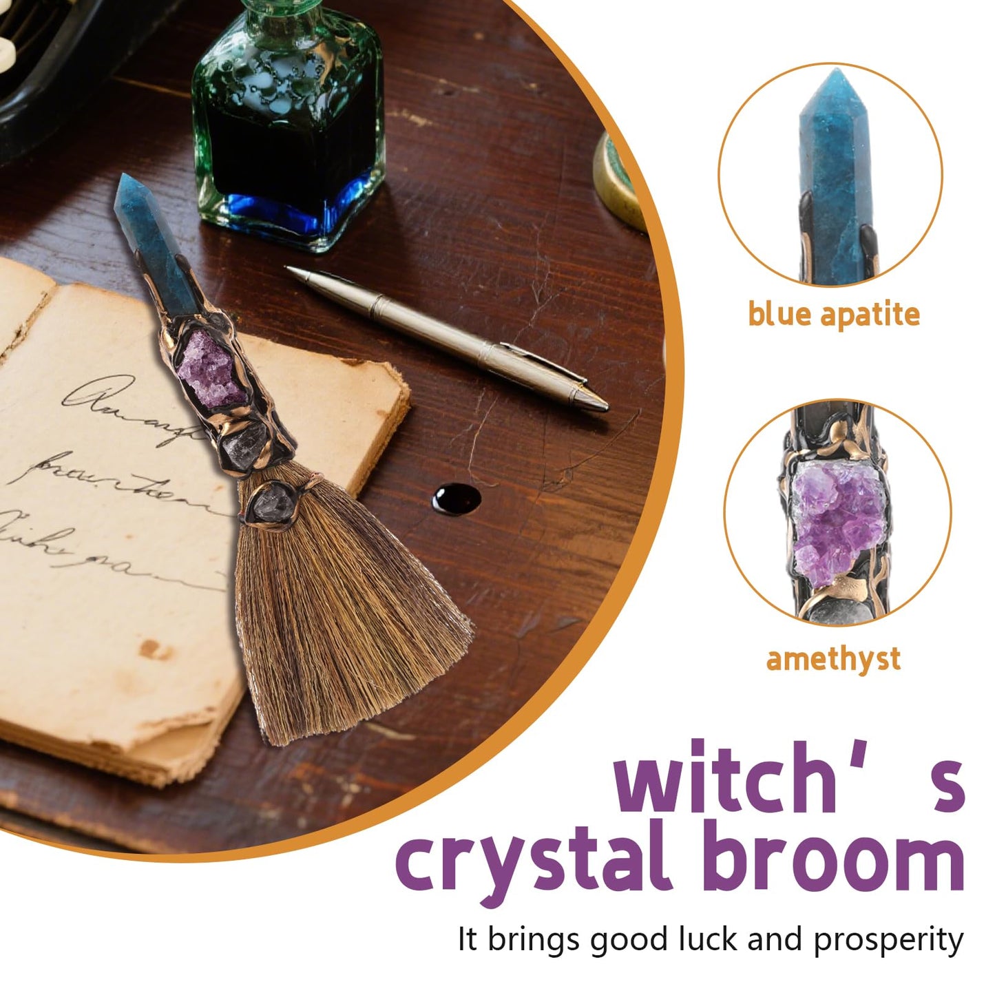 RENEMEGO Crystal Witch Altar Broom - Witchcraft Supplies with Blue Apatite Wiccan Stuff Fairy Magic Broomstick with Natural Healing Crystals Hexagonal Points Pagan Fengshui Reiki Energy Clearing Gift
