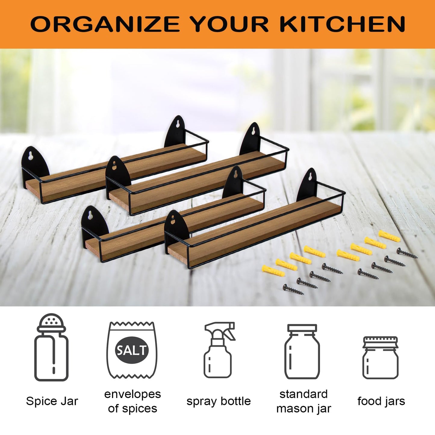 TJ.MOREE 4 Pack Spice Rack Wall Mounted Rustic Style Hanging Spice Organizer for Wall, Kitchen Spice Storage, Black