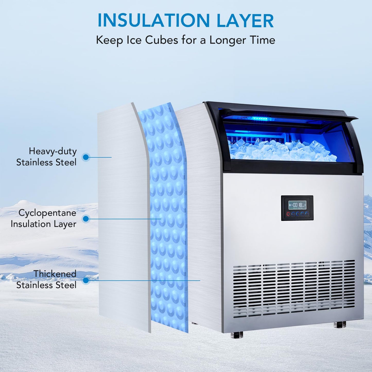 Commercial Ice Maker - 200 LBS/24H Stainless Steel Undercounter Ice Maker Machine, 420 Watt, 55 lb Storage Capacity, Produces 90 Blocks of Ice in 15 Minutes, for Bars, Cafes, Homes, Businesses