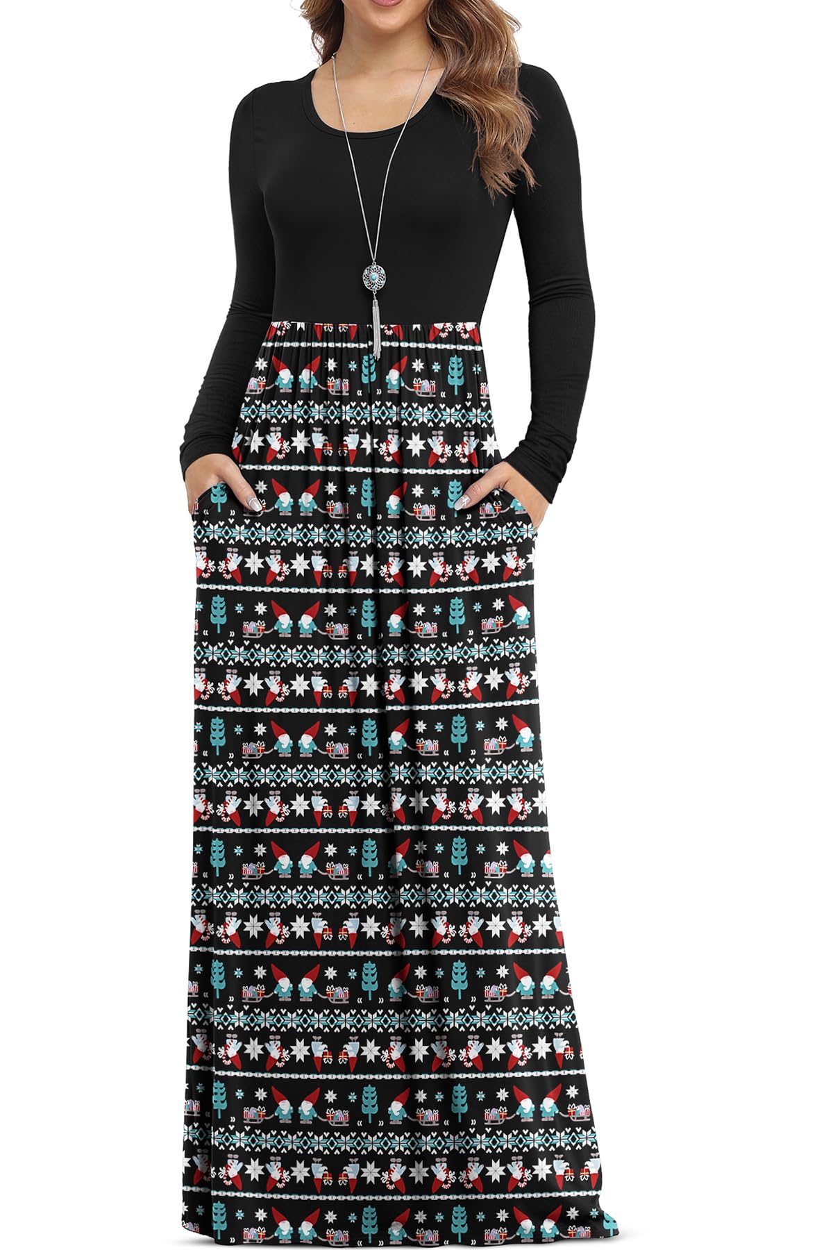 VIISHOW Women's Boutique Long Sleeve Simple Long Dresses with Pockets Loose Plain Casual Maxi Dresses(Christmas Snowman,X-Large)