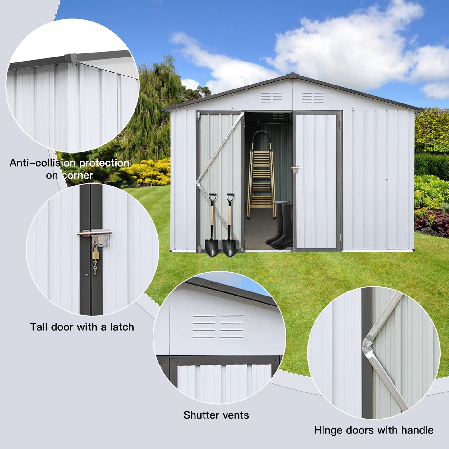 Ball & Cast 10x12 FT Sheds & Outdoor Storage,Metal Aluminum Garden Shed,with Punched Vents,Waterproof Cabinet w/Hinged Door and Padlock,Tool House for Storing Bicycles,Lawnmowers,Barbeques,White+Grey