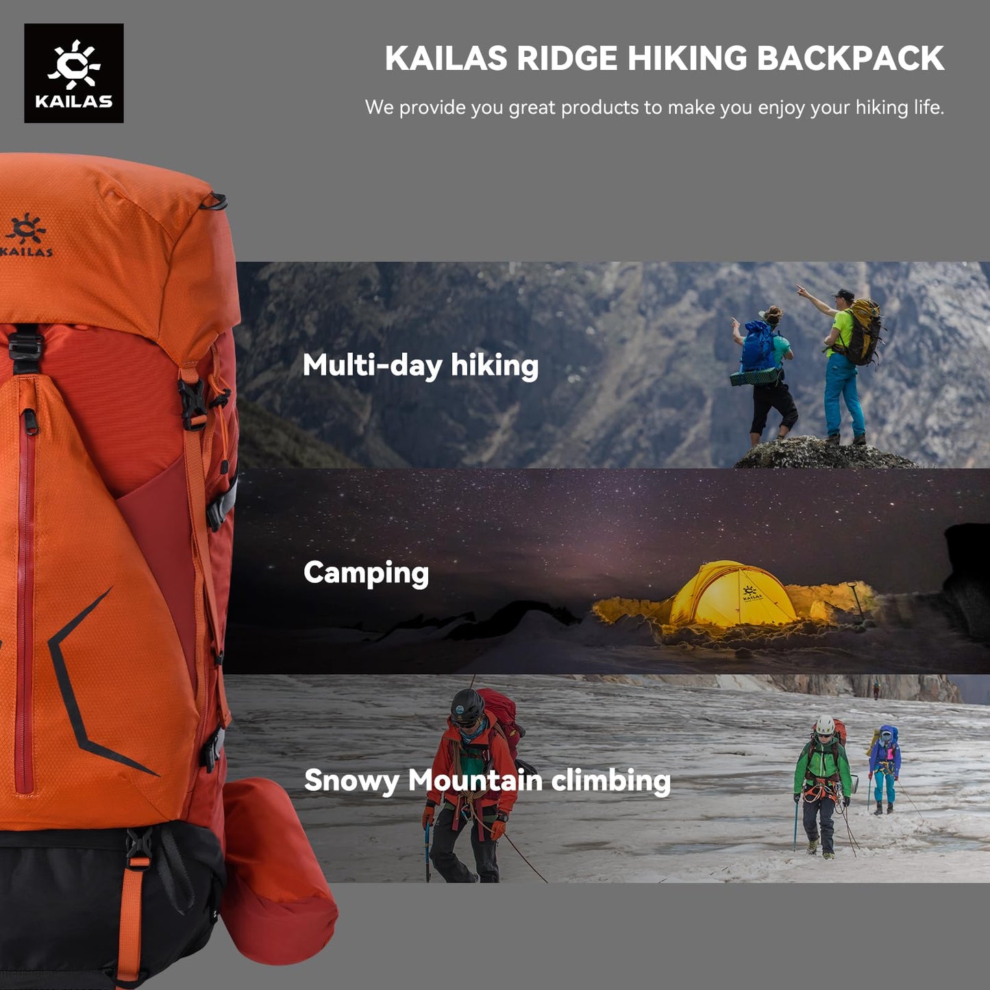 KAILAS RIDGE III 65+5L Hiking Backpack Trekking Daypack Outdoor Backpacking Waterproof Lightweight Internal Frame Backpack for Traveling Camping with Rain Cover Dark Black S