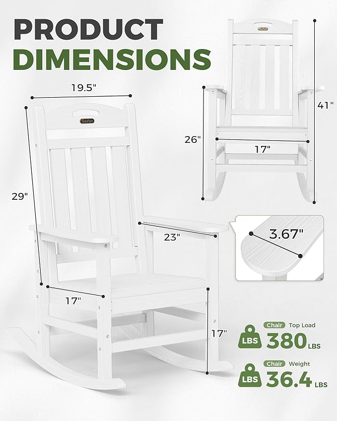 Oversized Rocking Chairs Outdoor Set of 2, High Back Porch Rocker Chair, HDPE All Weather Resistant Rocking Chairs for Patio, 380lbs Weight Capacity, White