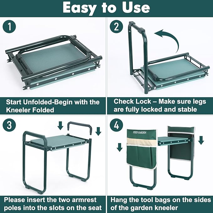 FEED GARDEN Garden Kneeler and Seat, Upgraded Foldable Gardening Stool with 10.23" Wide Kneeling Pad, Heavy Duty Gardening Bench Chair with 2 Tool Pouches, Gardening Gifts for Seniors Mom Women Men