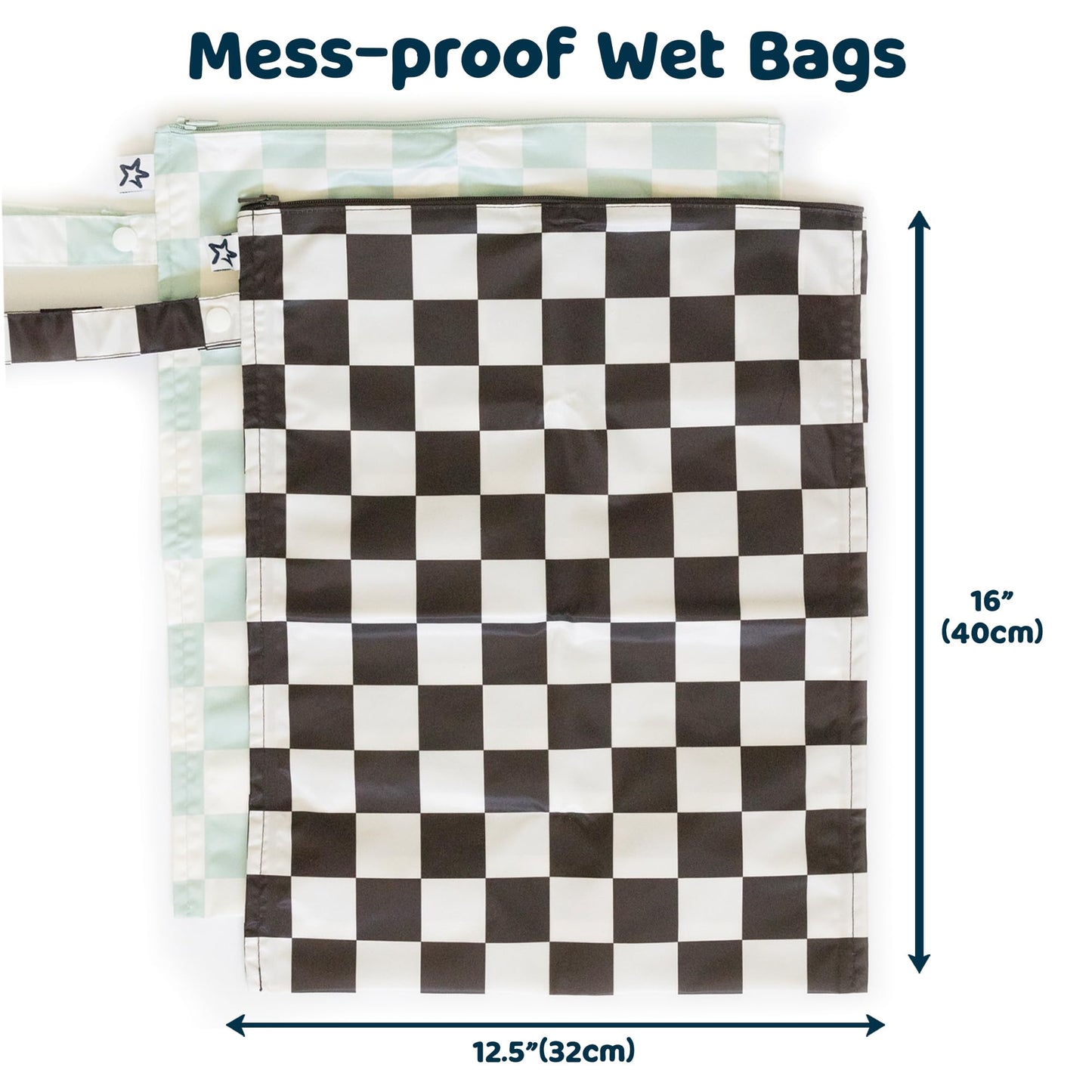 Tiny Twinkle Mess-Proof Waterproof Wet Dry Bag | 2-Pack Reusable Wet Bags for Swimsuits & Baby Clothes | Leakproof Wet Bag for Travel & Diaper Changes for Baby (Black, Green Checkers)