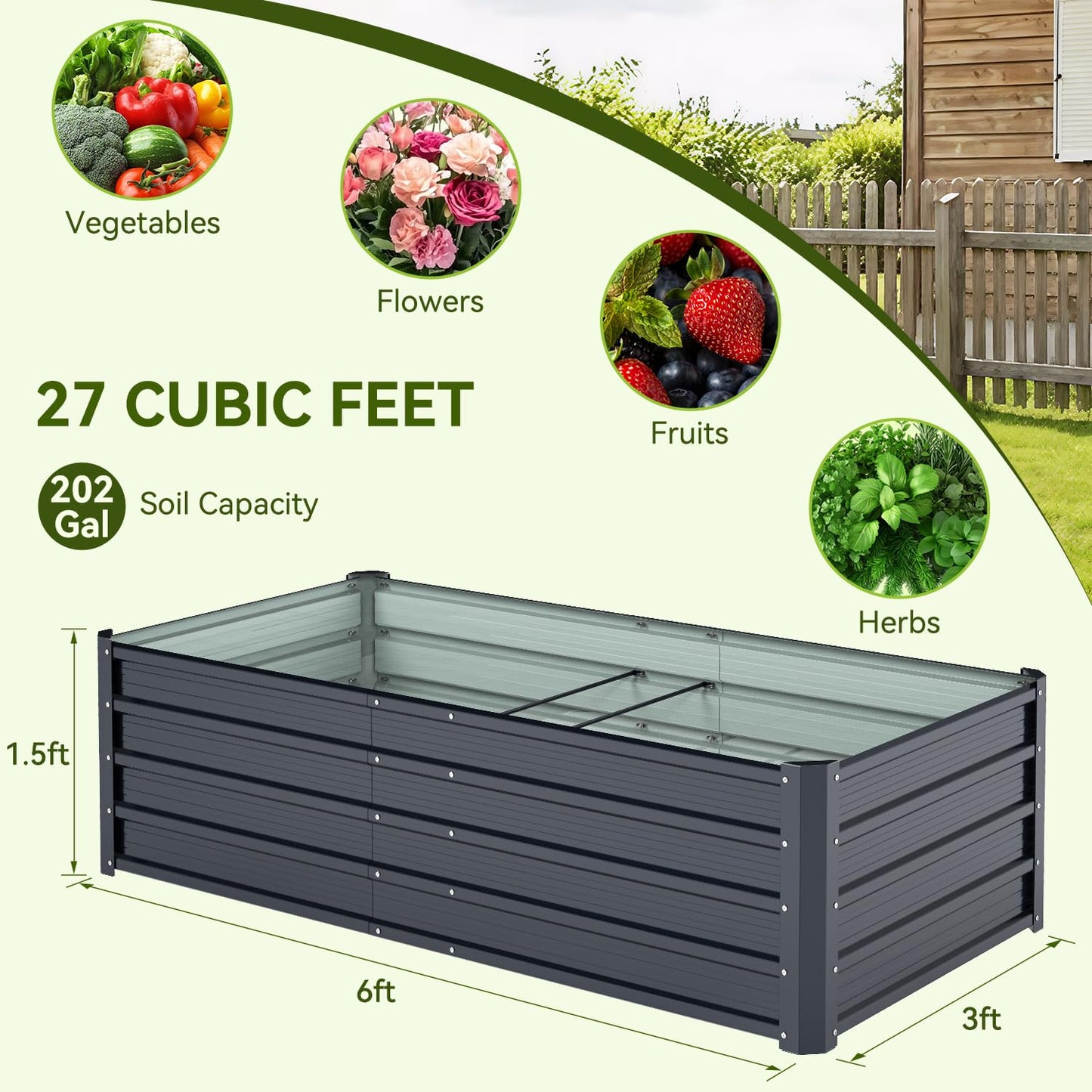 Ohuhu 6x3x1.5 FT Metal Raised Garden Bed Outdoor, Reinforced Galvanized Steel Rustproof Planter Box, 100% Non-Toxic, 202 Gal Large Capacity Heavy Duty Raised Beds for Growing Vegetables Flowers Herbs