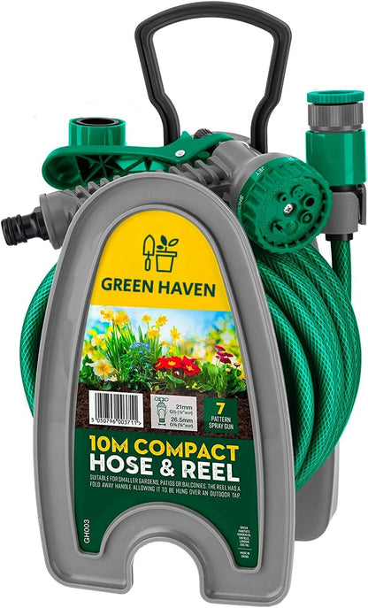 Green Haven Garden Hose Pipe Reel – 10m / 32ft Lightweight Compact Hosepipe with 7-Pattern Spray Nozzle Gun, Easy Wind Mini Hose Reel for Small Gardens, Balconies & Outdoor Cleaning