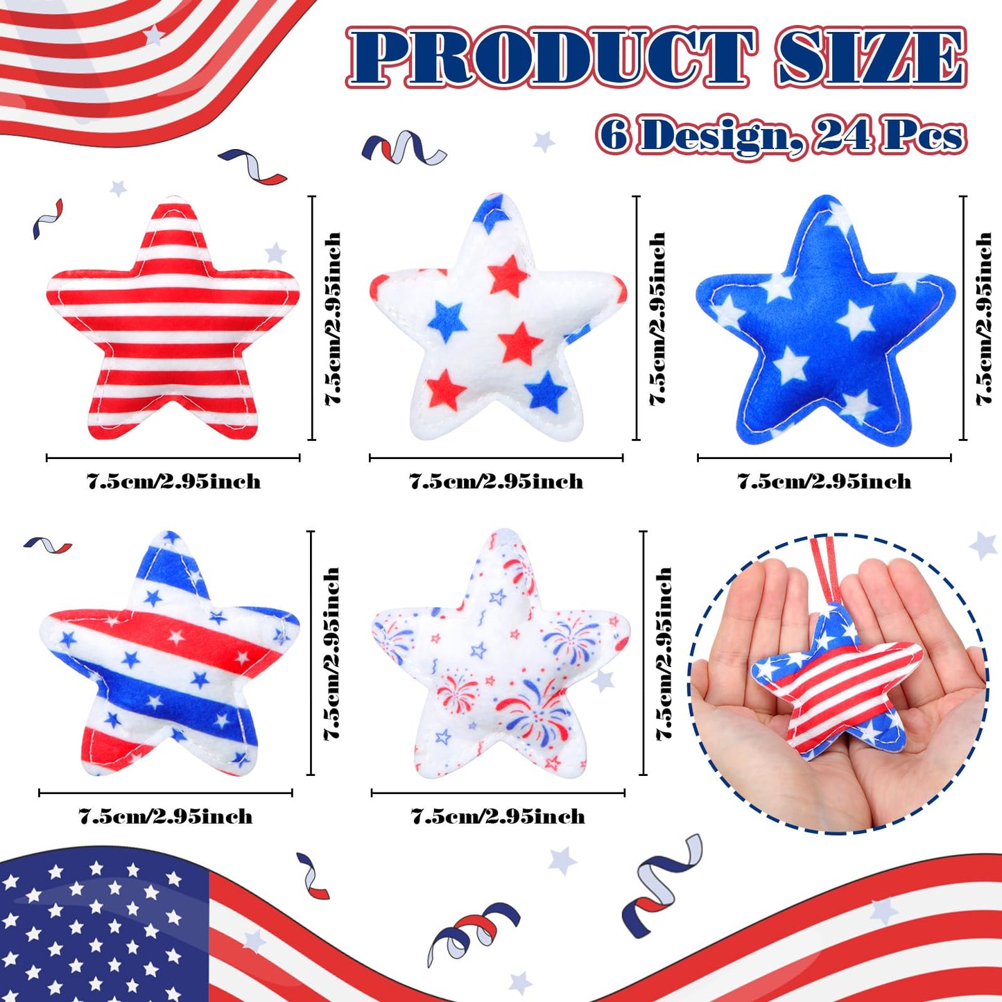 RattanView 24 Pcs 4th of July Ornaments Felt Star Patriotic Decoration for Tree 250th Anniversary Red White Blue Hanging Ornaments for Independence Day Memorial Day Party Supplies (Star)