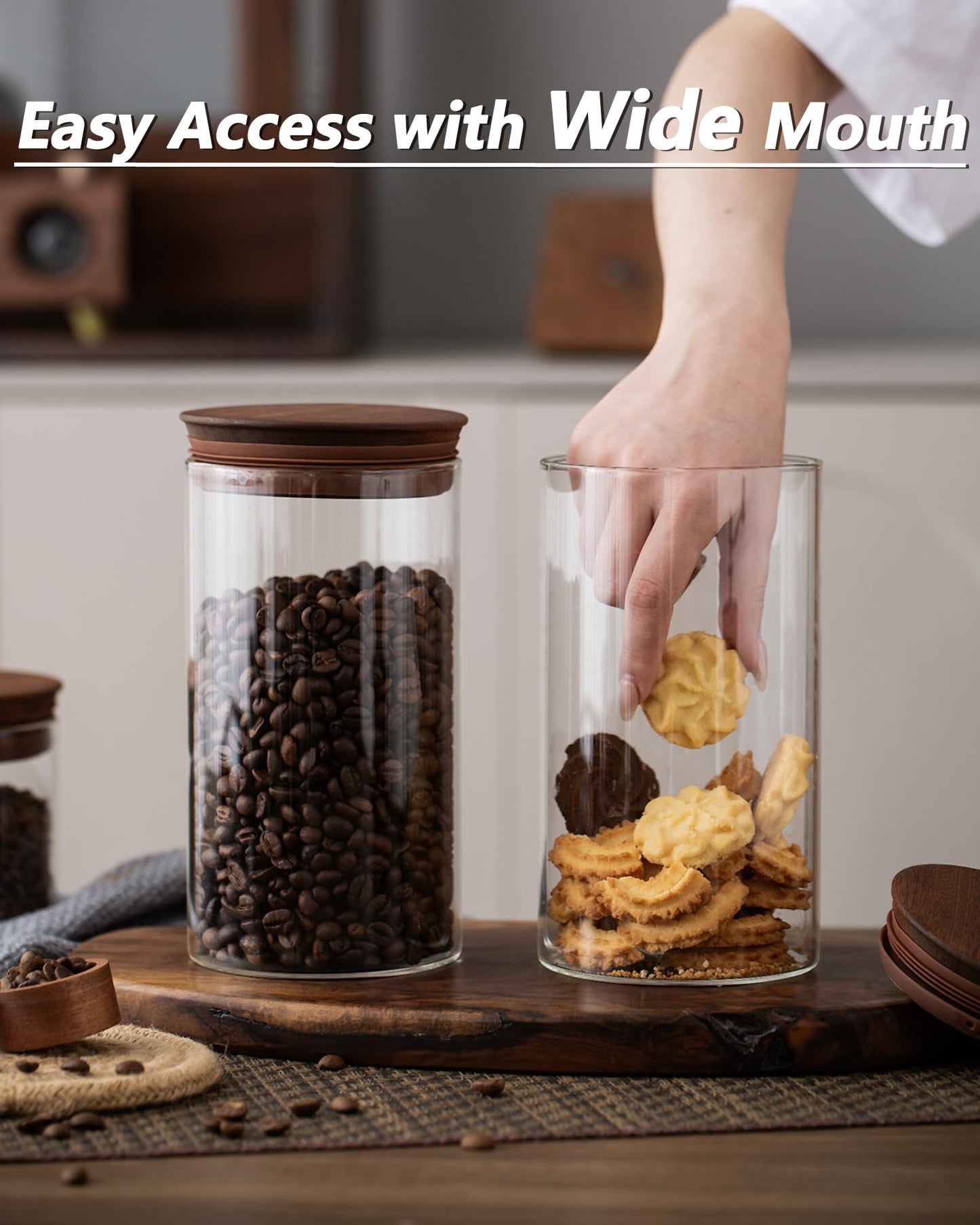 BOILMERIT 37 oz Coffee Canister with Scoop and Wooden Lids, Airtight Storage Container Sets of 2 for Ground Coffee & Beans, Glass Jars for Coffee Bar Organizer, Kitchen Countertop