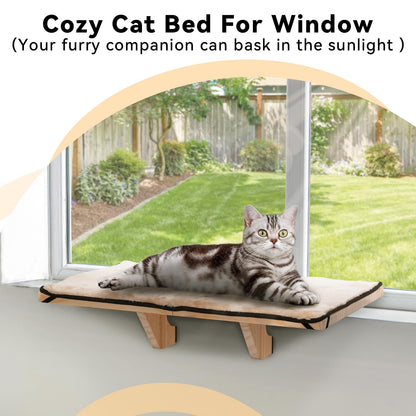 PETSFIT 2 Cats Design Window Perch, Cat Hammock Window Seat with Natural Wood &Removable Fleece Mat for Large Cats, Easy to Adjust&Assemble Cat Bed for Windowsill, Bedside and Drawer