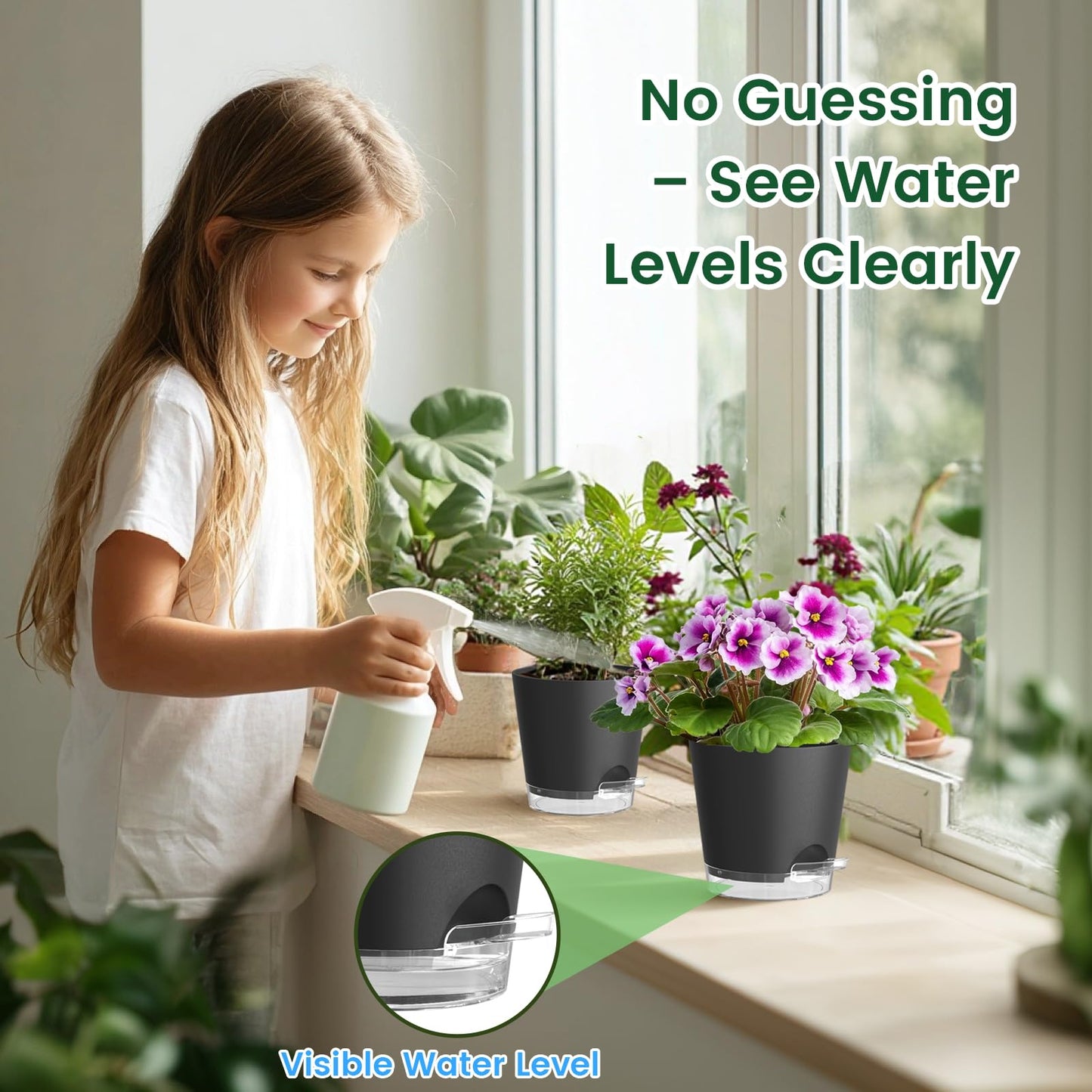 Meowell Self Watering Pots Pack of 6 – Different Size 4" to 7" Indoor Plant Pots with Drainage Holes and Clear Reservoir for Visible Water Level, Plastic Wicking Planters for House Plants, Black
