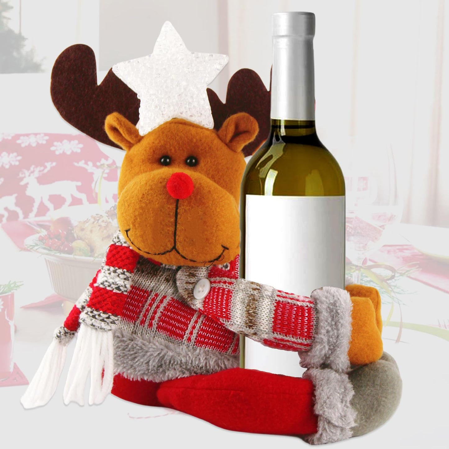 Christmas Plush Reindeer Tree Topper with Glowing White Star - Multifunctional Xmas Treetop Ornament, Home Curtain Tie & Hugger Wine Bottle Party Decoration