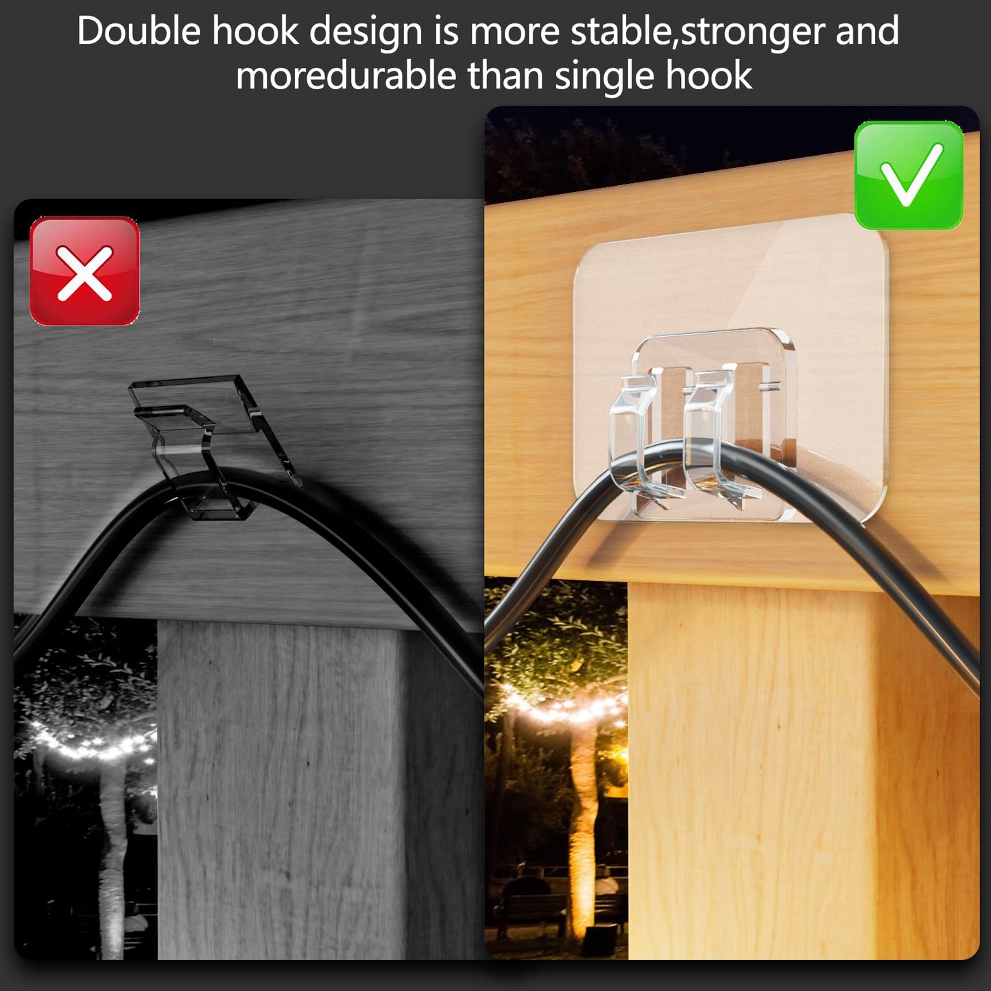 Galetcy Hooks for Outdoor String Lights - 100 Pack with Adhesive Strips - No Damage, No Tools, No Holes, Waterproof and UV-Resistant, Perfect for Christmas and Patio Decor
